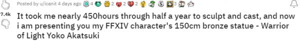 挚爱《FF14》玩家打造等大自己游戏角色雕像 花费450个小时