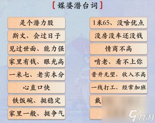 <a id='link_pop' class='keyword-tag' href='https://www.9game.cn/hzscz/'>汉字神操作</a>媒婆潜台词怎么过