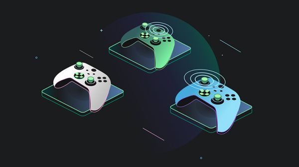 三个 Xbox 控制器的 Sci-fi 图像