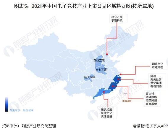 图表5：2021年中国电子竞技产业上市公司区域热力图(按所属地)