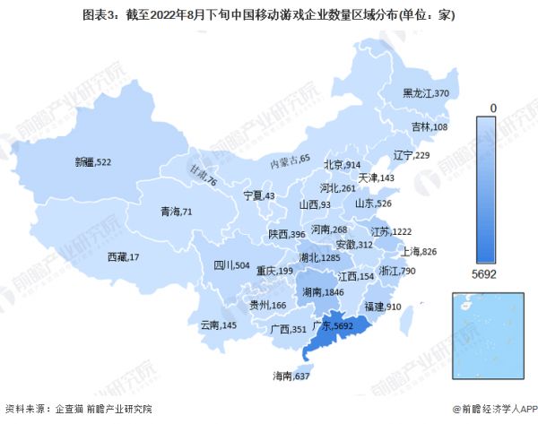 图表3：截至2022年8月下旬中国移动游戏企业数量区域分布(单位：家)