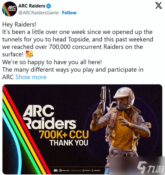 《ARC Raiders》宣布达成全平台峰值玩家突破70万！