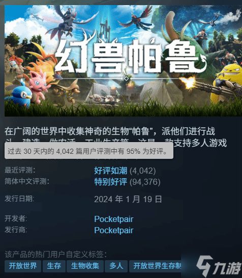 《幻兽帕鲁》Steam近期好评如潮官方致谢 无人深空制作人爱心点赞