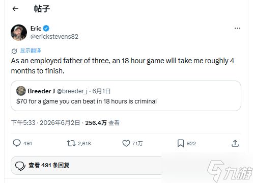 70美元买18小时游戏值不值？三孩父亲：我要玩4个月