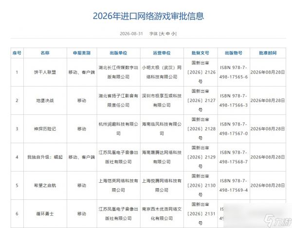 2026年8月游戏版号公开 网易《射雕》更名为《千里之路》